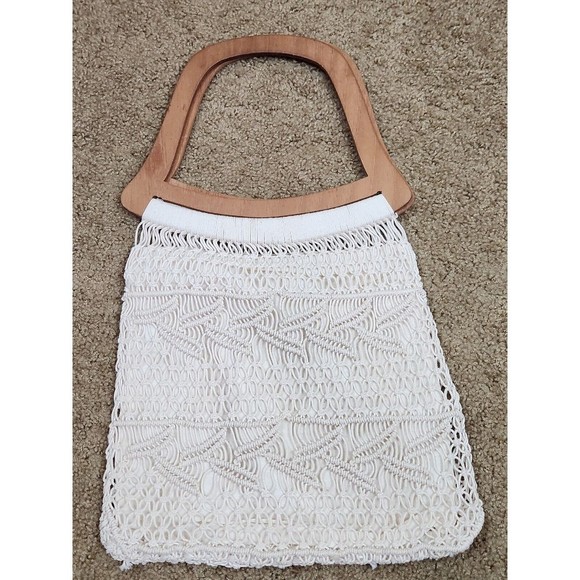 Vintage Macrame Crochet Hand Bag with Wooden Handle Cream Beachy Boho Lined - Picture 6 of 12